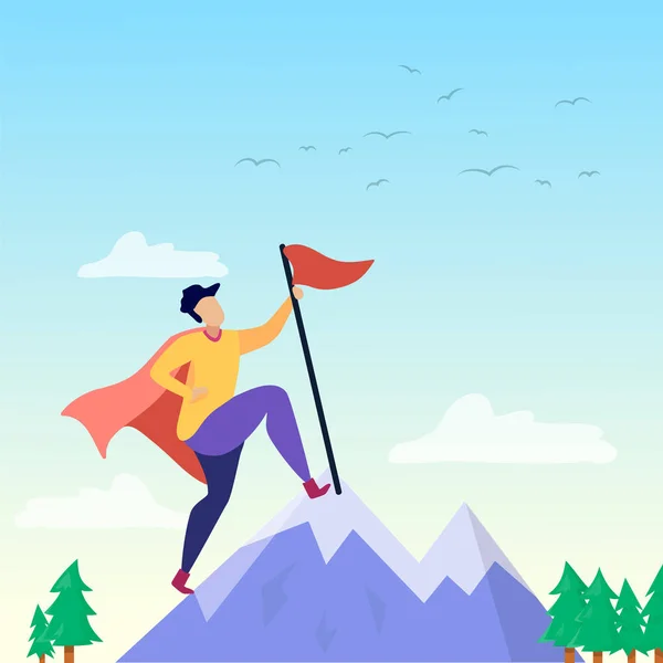 Super Person on Mountain Peak Success Motivation — Stock Vector