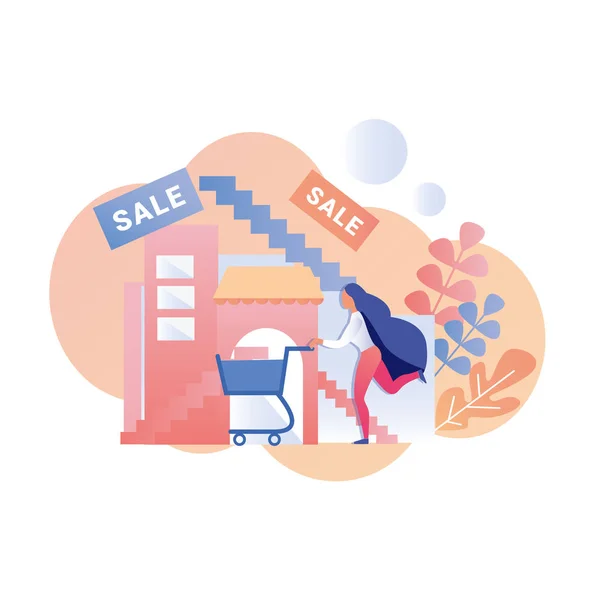 Woman Hurrying for Sale Advertising Flat Banner — 스톡 벡터