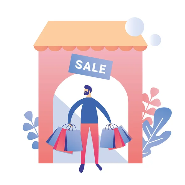 Man after Sale Shopping at Store AdFlat Banner — стоковый вектор