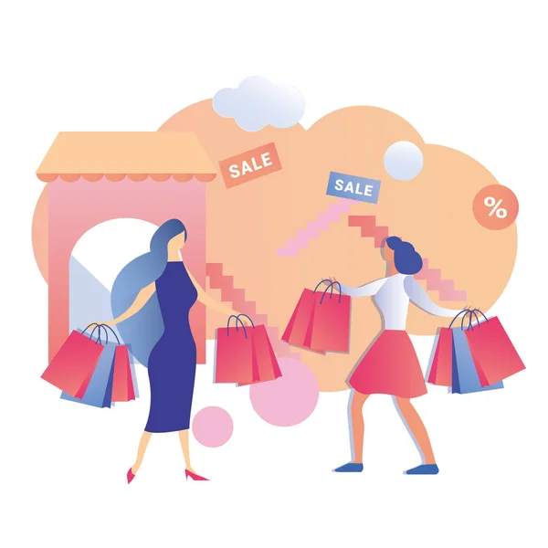 Amigos femeninos disfrutan al por menor Shopaholic Sale Banner — Vector de stock