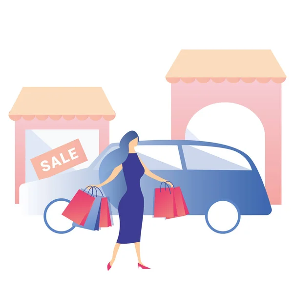 Frau einkaufen mieten auto verkauf rabatt flache banner — Stockvektor