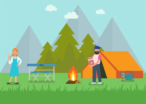 Glückliches Paar in Waldwaren für Picknick-Werbebanner — Stockvektor