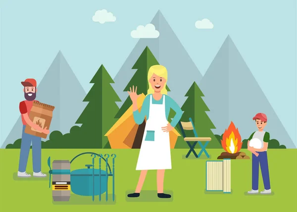 家庭野餐在森林与烧烤烧烤广告横幅 — 图库矢量图片