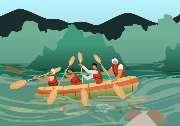 Les gens à Kayak près de Rocky Shore le jour ensoleillé . — Image vectorielle