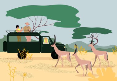 Turistler Afrika'da Safari Jeep Sürüş. Savanna