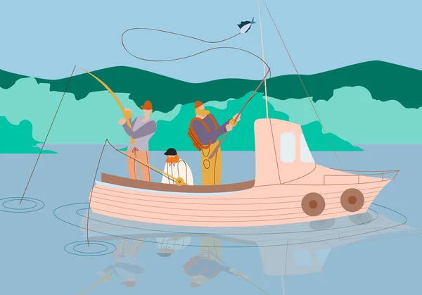 Οι άντρες αλιεύουν στο σκάφος στην ήρεμη λίμνη ή στο ποτάμι. Καλοκαίρι. — Διανυσματικό Αρχείο