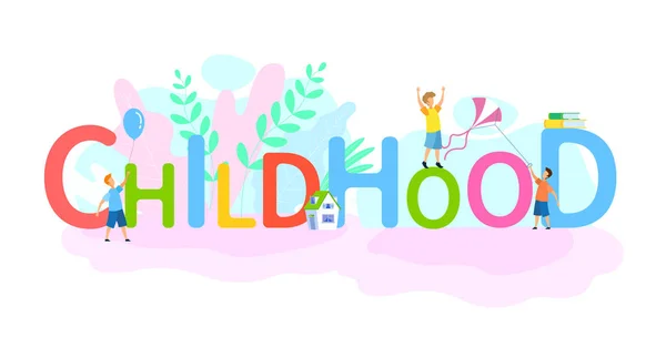 Happy Childhood, młodzieżowe płaskie słowo Concept banner — Wektor stockowy