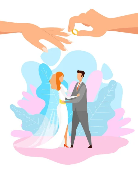 Giovane sposa e sposo abbracciare personaggi piatti — Vettoriale Stock