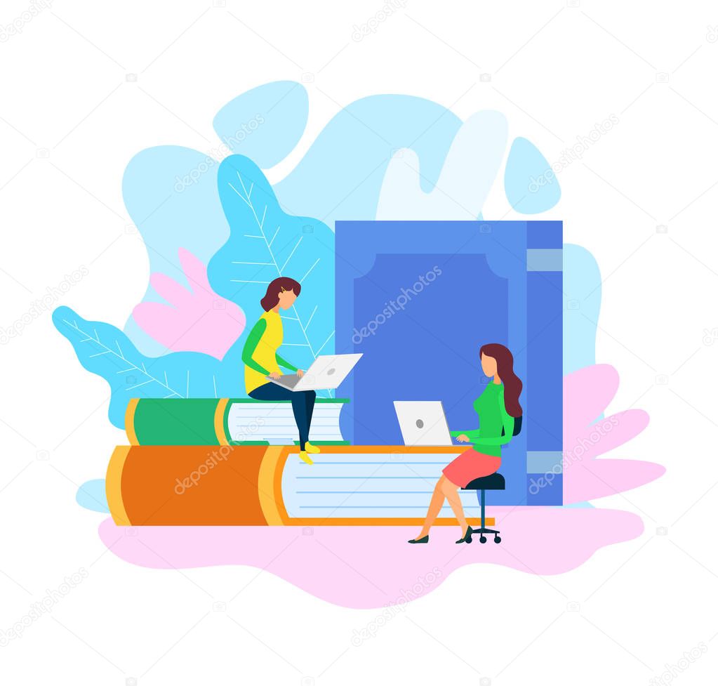 Bookworm Girls in Library Flat Vector Illustration