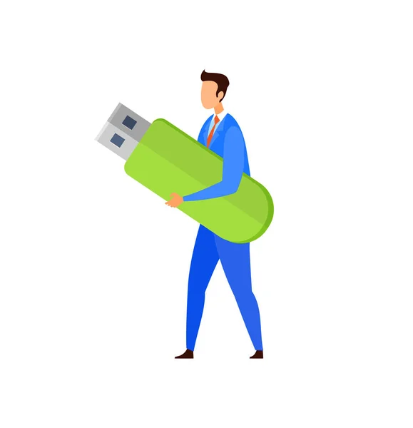 Człowiek trzyma USB przejażdżka płaski wektor ilustracja — Wektor stockowy