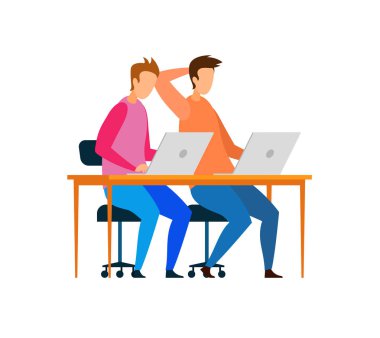 Erkek Geliştiriciler Laptops Karakterler üzerinde çalışma