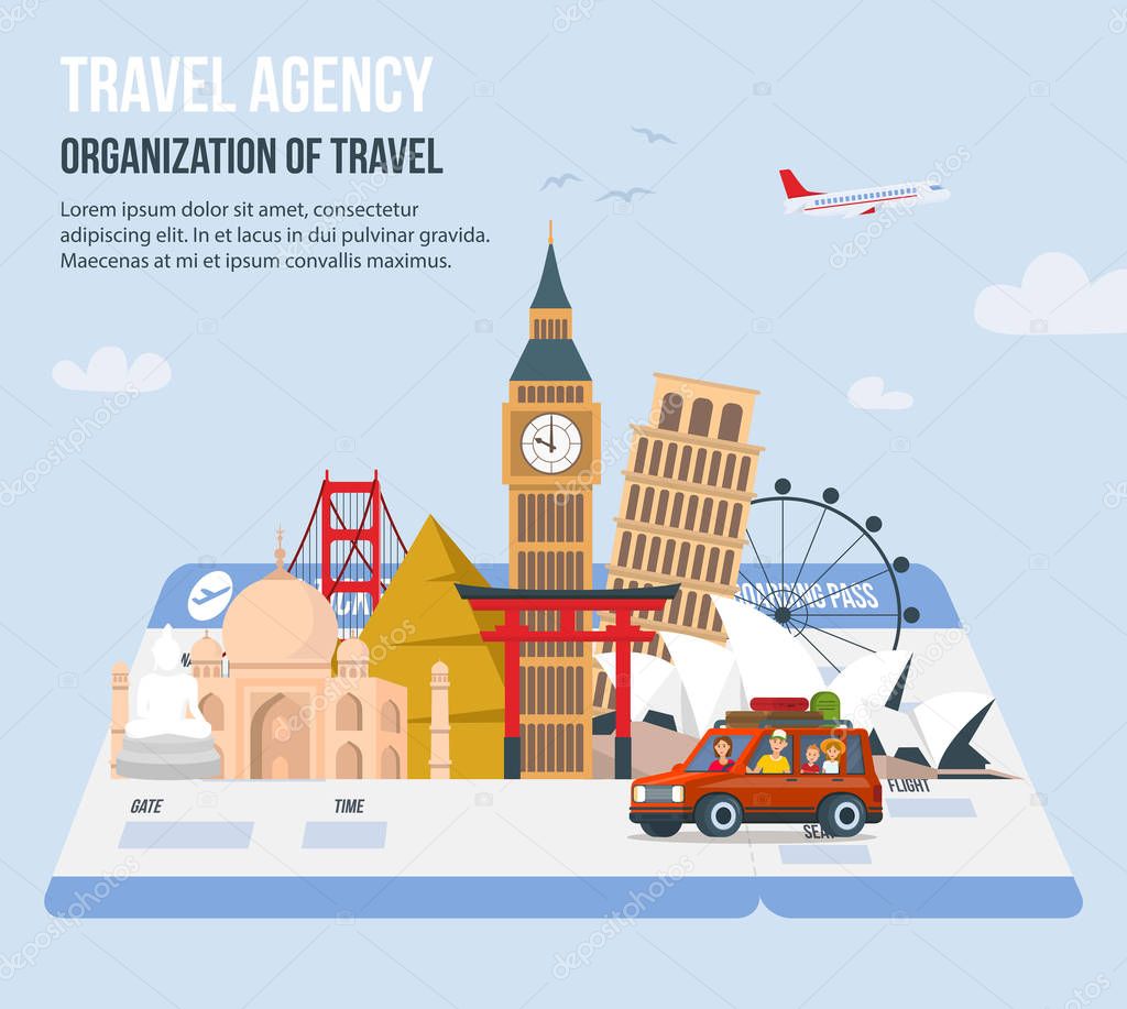 Traveling Family on Vacation. Parents and Children Travel World. Design for Travel Agency. Time to Travel in Vacation. Travel around Globe. Tourism and Vacation. Vector Illustration.