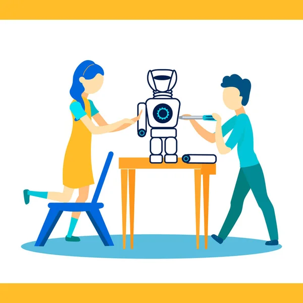 Children Fixing Robot Flat Vector Illustration — Stock Vector