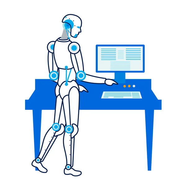 ロボットは、パーソナルコンピュータフラットイラストレーションで動作します — ストックベクタ