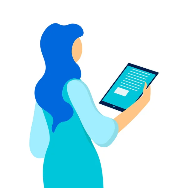 Mulher segurando Tablet plana Vector Ilustração — Vetor de Stock