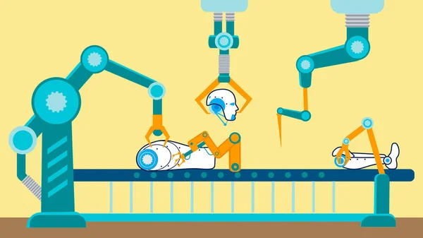 Robot Production Conveyor Flat Vector Illustration - Stok Vektor