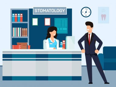 Diş Kliniği Vektör İllüstrasyon Resepsiyonu.