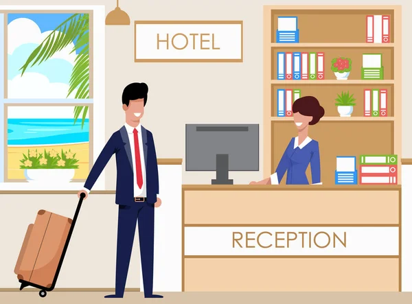 Recepción del hotel con capacidad para huéspedes, Dibujos animados . — Vector de stock