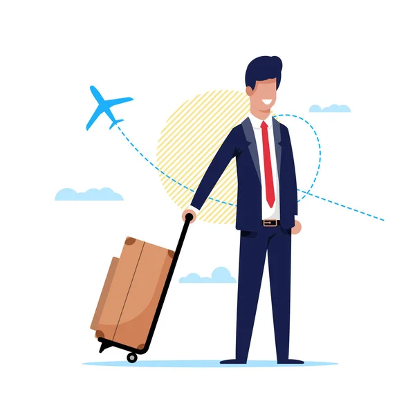 Man Traveling by Plane Around World Cartoon Flat. — Stock Vector