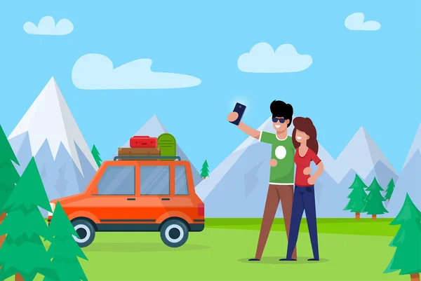 Couple Prendre Selfie sur fond Montagnes . — Image vectorielle