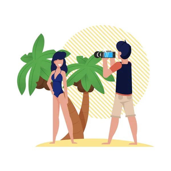 Foto sessie op het strand met Palm bomen, cartoon. — Stockvector