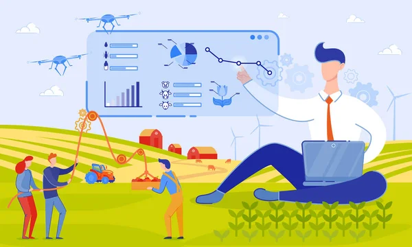 Vektor Illustration Einsatz von Drohnen auf Bauernhof Cartoon. — Stockvektor