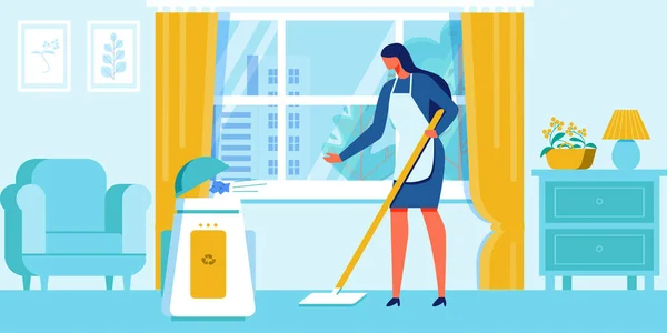Mujer limpia casa poner la basura en el contenedor de reciclaje . — Vector de stock