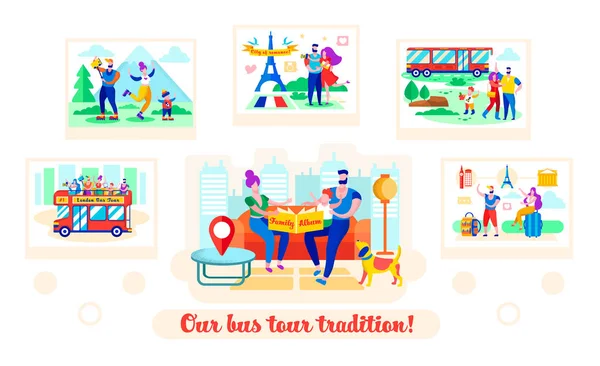 Set geschreven onze bus tour Tradition cartoon plat. — Stockvector