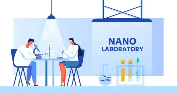 Nano laboratorium banner z naukowcami postacie — Wektor stockowy
