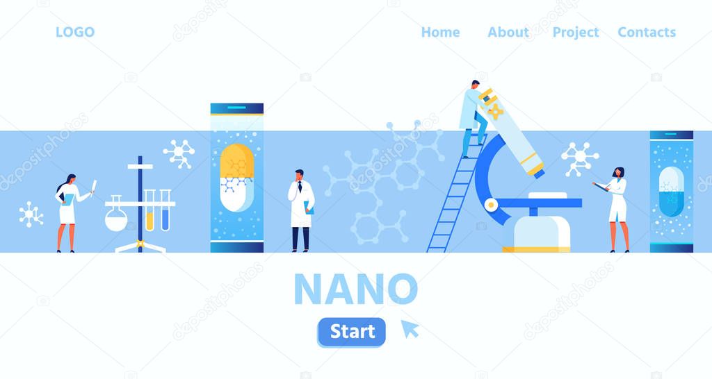 Nano Laboratory and Research Centre Flat Cartoon Landing Page with Place for Logo. Scientist Team Working on Creation New Drugs and Materials. Biology, Genetic and Microbiology. Vector Illustration