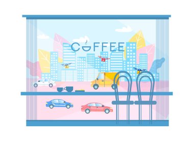 Coffee Shop Windows modern şehir karikatür görünümü
