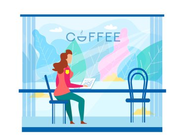 Modern Cafe İllüstrasyon'da Çalışan İş Kadını