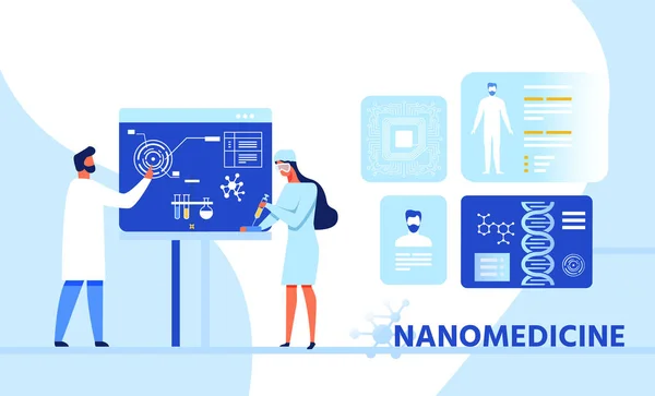 Bannière de bande dessinée de recherche d'infographie de nanomédecine — Image vectorielle