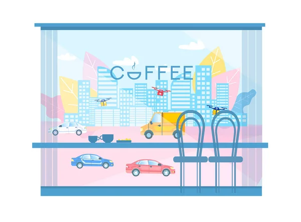 Vista moderna dos desenhos animados da cidade do café Windows — Vetor de Stock
