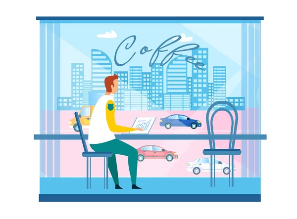 Biznesmen praca na laptopie w Modern City Cafe — Wektor stockowy