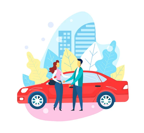 Self οδήγηση κόκκινο αυτοκίνητο παίρνει ο άνθρωπος και το κορίτσι στη συνάντηση — Διανυσματικό Αρχείο