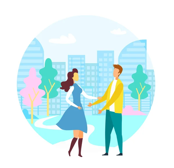 Casal apaixonado andando em Green City Park Cartoon — Vetor de Stock