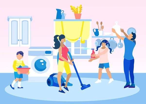 I bambini aiutano i genitori a pulire l'illustrazione domestica — Vettoriale Stock