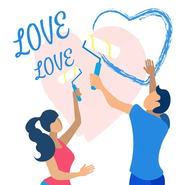 Par i kärlek målning hjärta på Wall Cartoon — Stock vektor