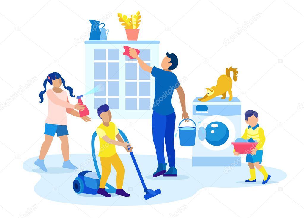 Kids Help Father in Housekeeping Flat Cartoon