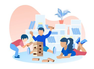 İki Erkek ve Kız Bina Oyuncak Tuğla Kule Karikatür