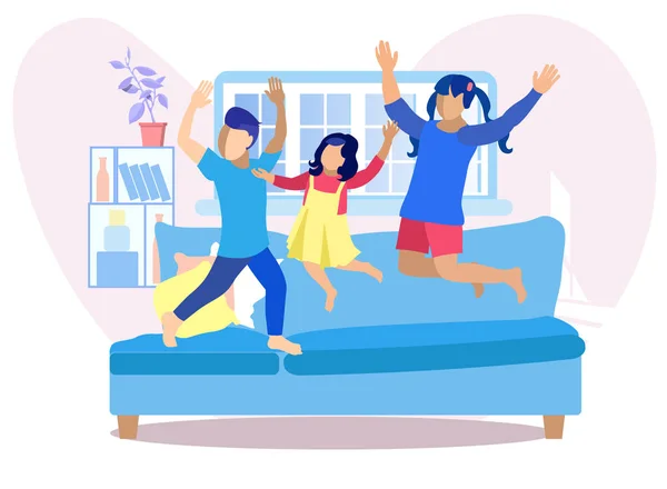 Kinderen hebben plezier thuis platte illustratie — Stockvector