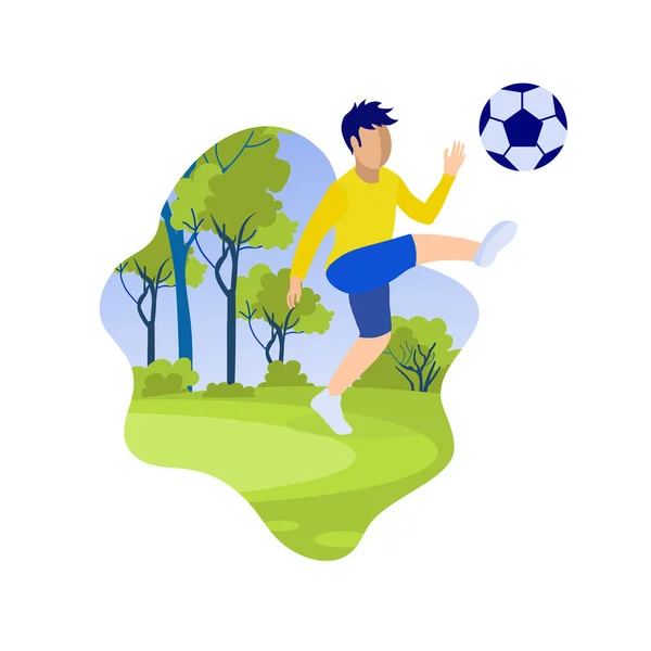 Desenhos animados Little Boy chutando bola no campo verde — Vetor de Stock