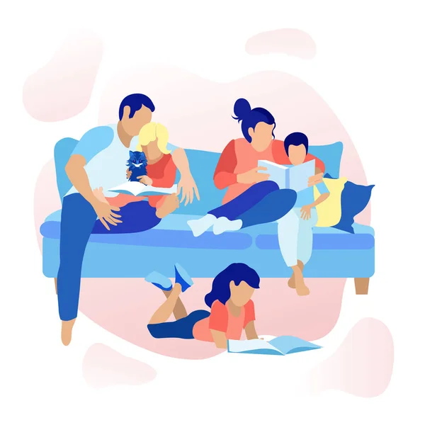 Familie boek lezen thuis cartoon illustratie — Stockvector