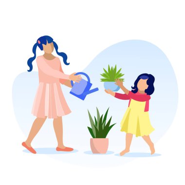 Tencere Üzerinde Çocuk Sulama Ev Bitkiler Karikatür