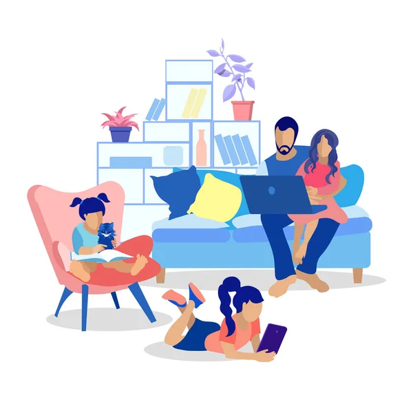 Lycklig tecknad familj hemma Flat illustration — Stock vektor