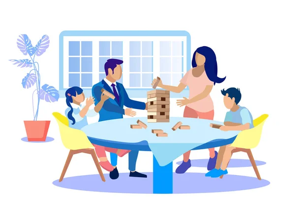 Счастливая семья играет Дженгу у себя дома в мультфильме — стоковый вектор