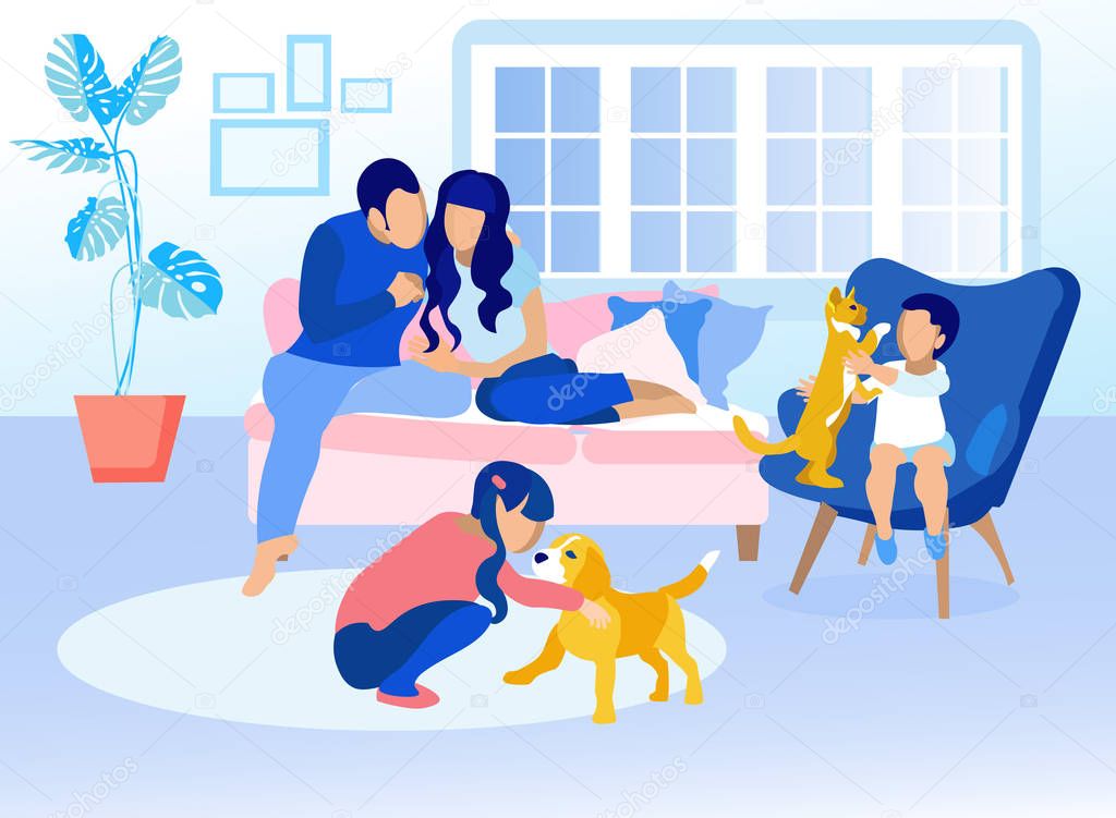 Family in Living Room at Home Cartoon Illustration