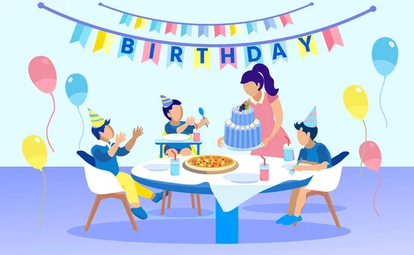 Famiglia con figli albero che festeggiano il compleanno Cartone animato — Vettoriale Stock