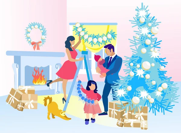 Feliz familia decorar el hogar para la Navidad juntos — Archivo Imágenes Vectoriales